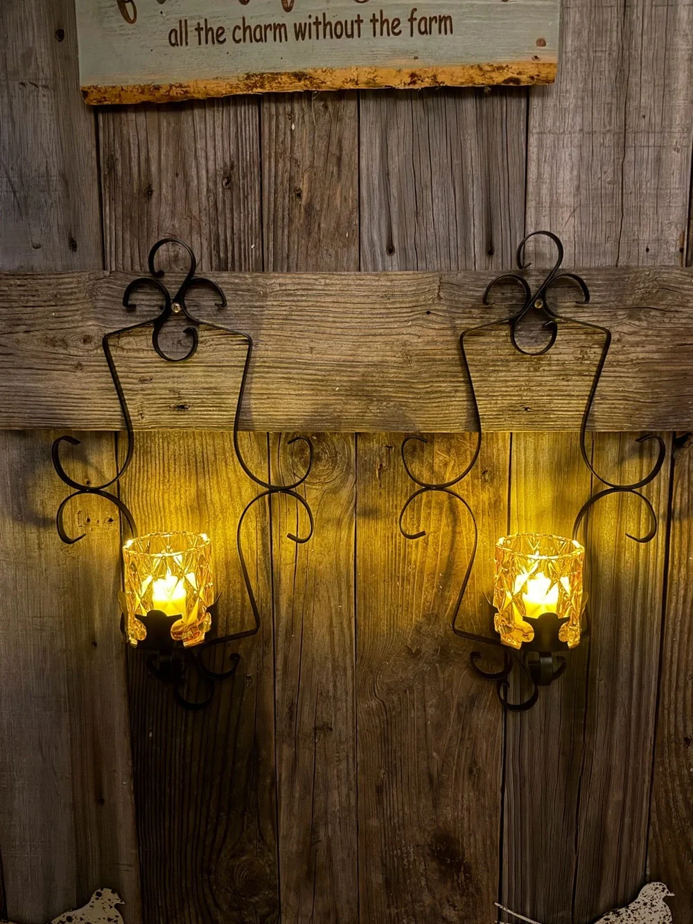 Pair of Gothic Farmhouse Black Metal Wall Sconces with Amber Glass Holders